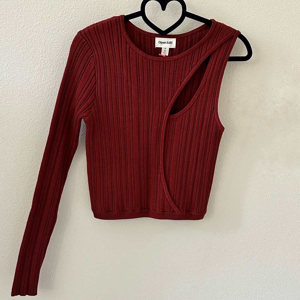 Open Edit Rust Orange Ribbed Cutout Knit Top NWT Size M - Picture 6 of 6